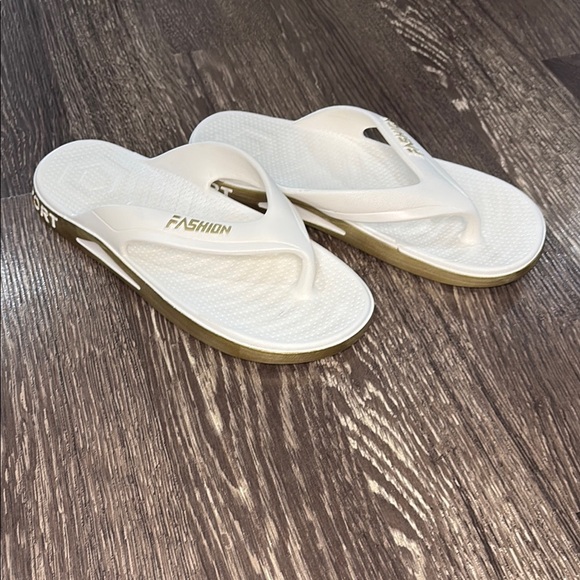 Shoes - Women's White and Gold Flip Flops